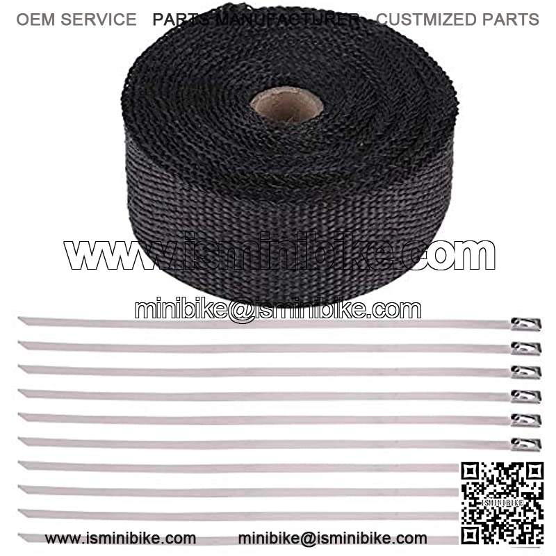Exhaust Pipe Wrap, Black Exhaust Heat Wrap, Fiberglass Heat Shield Tape with 10 Stainless Ties for Motorcycles, Muscle Car, Vintage Car, ATV, Go Kart